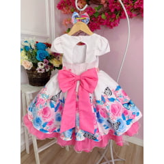 Vestido Infantil Rosa Bebê Jardim das Borboletas C/ Laço
