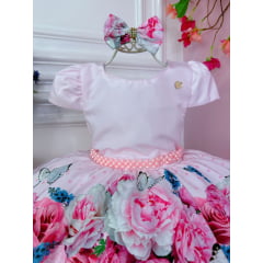 Vestido Infantil Rosa Jardim das Borboletas C/ Laço