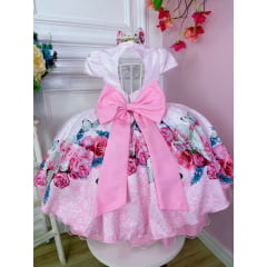 Vestido Infantil Rosa Jardim das Borboletas C/ Laço