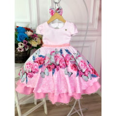 Vestido Infantil Rosa Jardim das Borboletas C/ Laço