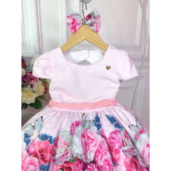 Vestido Infantil Rosa Jardim das Borboletas C/ Laço