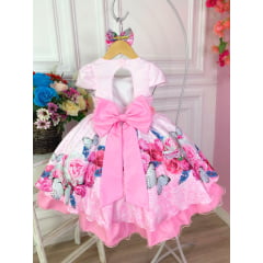 Vestido Infantil Rosa Jardim das Borboletas C/ Laço
