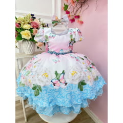 Vestido Infantil Rosa Jardim das Borboletas C/ Laço e Pérolas