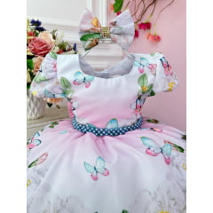 Vestido Infantil Rosa Jardim das Borboletas C/ Laço e Pérolas