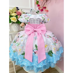 Vestido Infantil Rosa Jardim das Borboletas C/ Laço e Pérolas