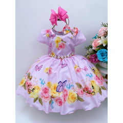 Vestido Infantil Rosa Jardim das Borboletas e Flores C/ Laço