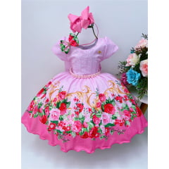 Vestido Infantil Rosa Jardim das Flores C/ Laço Pérolas