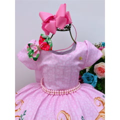 Vestido Infantil Rosa Jardim das Flores C/ Laço Pérolas