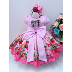 Vestido Infantil Rosa Jardim das Flores C/ Laço Pérolas
