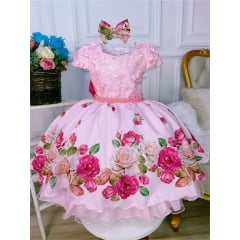 Vestido Infantil Rosa Peito Com Renda Saia Florida e Laço