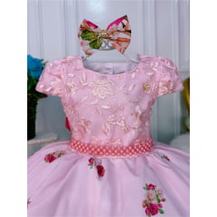 Vestido Infantil Rosa Peito Com Renda Saia Florida e Laço