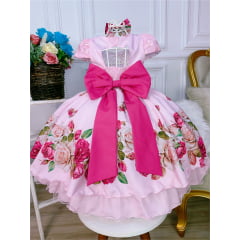 Vestido Infantil Rosa Peito Com Renda Saia Florida e Laço