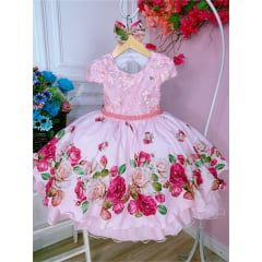 Vestido Infantil Rosa Peito Com Renda Saia Florida e Laço