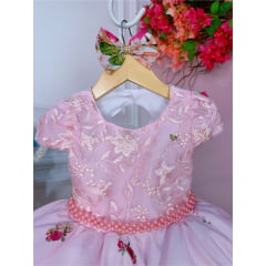 Vestido Infantil Rosa Peito Com Renda Saia Florida e Laço