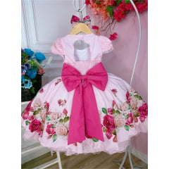 Vestido Infantil Rosa Peito Com Renda Saia Florida e Laço
