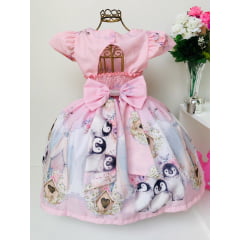 Vestido Infantil Rosa Pinguim com Bolero Off Luxo Princesas