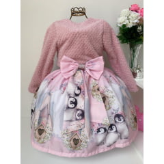 Vestido Infantil Rosa Pinguim com Bolero Rosê Luxo Princesas