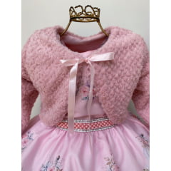 Vestido Infantil Rosa Pinguim com Bolero Rosê Luxo Princesas