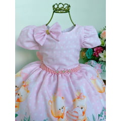 Vestido Infantil Rosa Poá Ursinho Floral Com Laço