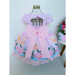 Vestido Infantil Rosa Poá Ursinho Floral Com Laço