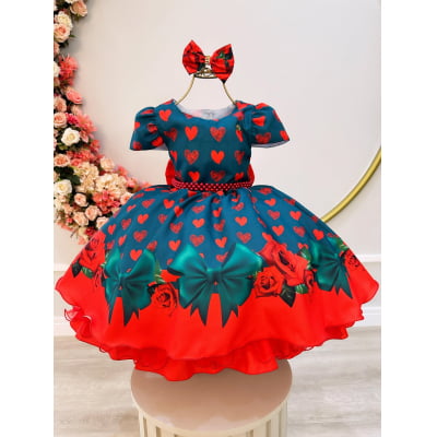 Vestido Infantil Verde C/ Corações e Rosas Laço Festas