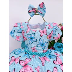 Vestido Infantil Verde Tiffany Borboletas Coloridas Pérolas