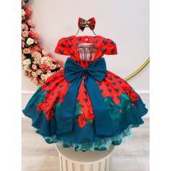 Vestido Infantil Vermelho C/ Corações e Rosas Laço Festas