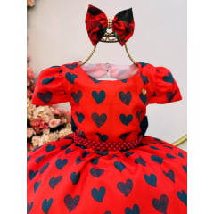 Vestido Infantil Vermelho C/ Corações e Rosas Laço Festas