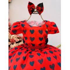 Vestido Infantil Vermelho C/ Corações e Rosas Laço Festas