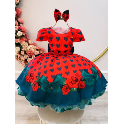 Vestido Infantil Vermelho C/ Corações e Rosas Laço Festas