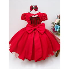 Vestido Infantil Vermelho C/ Renda e Borboletas Pérolas Laço