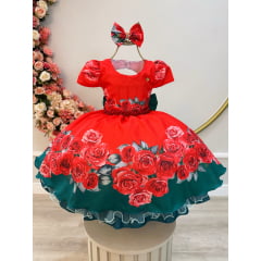 Vestido Infantil Vermelho C/ Rosas e Laço Festas Daminhas