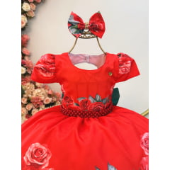 Vestido Infantil Vermelho C/ Rosas e Laço Festas Daminhas