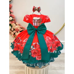 Vestido Infantil Vermelho C/ Rosas e Laço Festas Daminhas