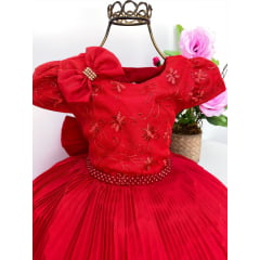 Vestido Infantil Vermelho Peito Renda Saia Plissada com Laço
