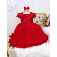 Vestido Infantil Vermelho Saia Plissada Renda Pérolas e Laço