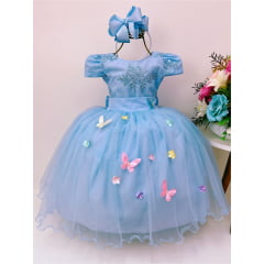 VESTIDO INFANTIL AZUL APLIQUE BORBOLETAS RENDA PRINCESAS