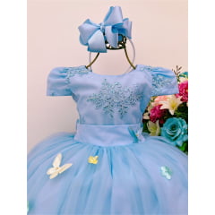 VESTIDO INFANTIL AZUL APLIQUE BORBOLETAS RENDA PRINCESAS