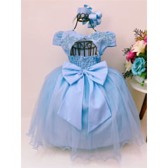 VESTIDO INFANTIL AZUL APLIQUE BORBOLETAS RENDA PRINCESAS