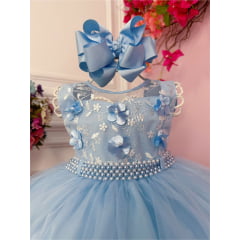 Vestido Infantil Azul Bebê C/ Aplique de Flores e Renda Luxo