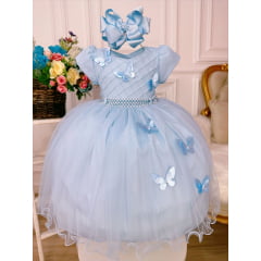 Vestido Infantil Azul Bebê Peito Nervura Aplique Borboletas