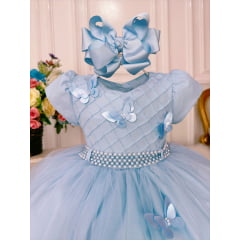 Vestido Infantil Azul Bebê Peito Nervura Aplique Borboletas