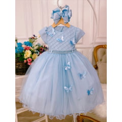 Vestido Infantil Azul Bebê Peito Nervura Aplique Borboletas