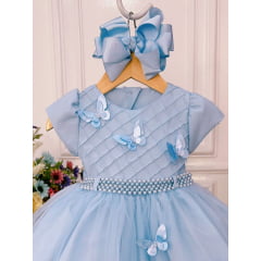 Vestido Infantil Azul Bebê Peito Nervura Aplique Borboletas