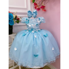 Vestido Infantil Azul C/ Aplique e Borboletas Flores e Renda