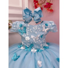 Vestido Infantil Azul C/ Aplique e Borboletas Flores e Renda