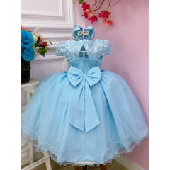 Vestido Infantil Azul C/ Aplique e Borboletas Flores e Renda