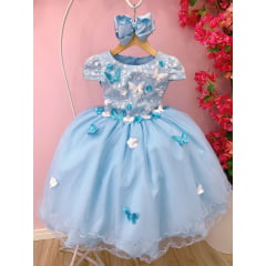 Vestido Infantil Azul C/ Aplique e Borboletas Flores e Renda
