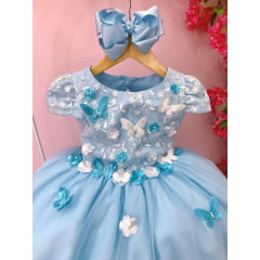 Vestido Infantil Azul C/ Aplique e Borboletas Flores e Renda
