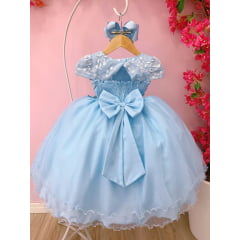 Vestido Infantil Azul C/ Aplique e Borboletas Flores e Renda